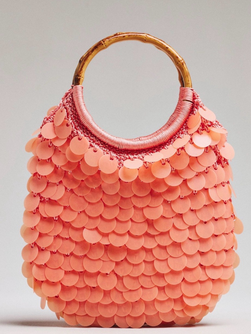 Anthropologie Coral Sequin Bamboo-Handle bag NWT